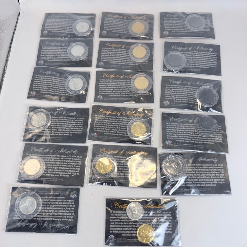 17 Merrick Mint 1943 WWII Tribute Penny Lot Gold Silver Black Ruthenium Clad